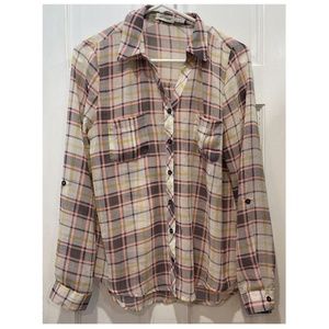 Blu Pepper Multicolor Sheer Button Down Roll Tab Sleeve Blouse Women’s SZ Medium